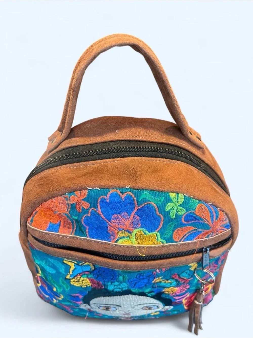 Source Unknown Blue Multicolor Embroidered Mini Backpack with Brown Trim